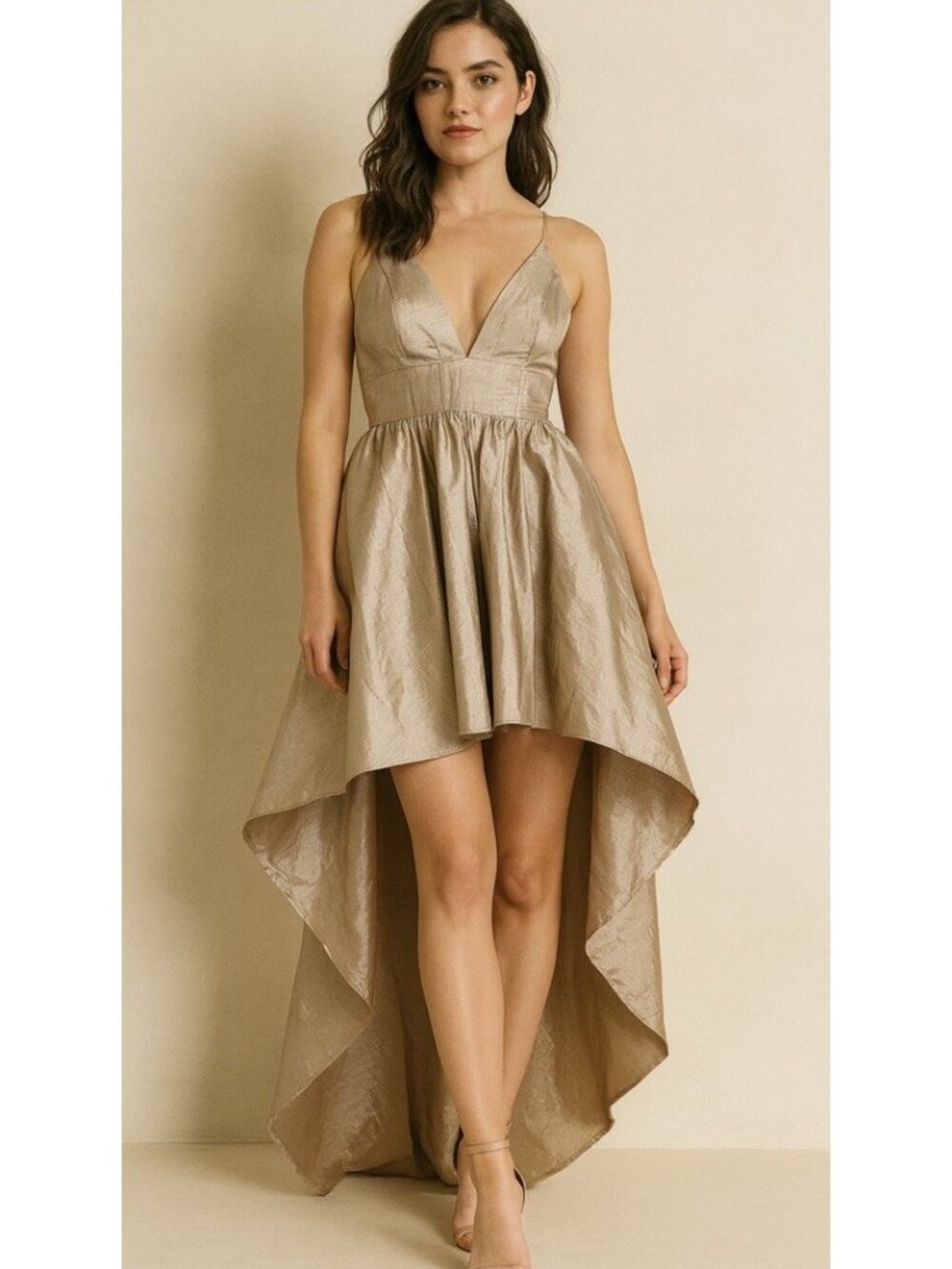Iris Gold Iridescent Hi Low Baby Doll Maxi Dress Sz L Y2K Fairy Formal.      Aa